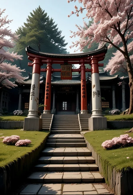 vdfp1, no humans, stairs, scenery, tree, torii, outdoors, architecture, cherry blossoms, east asian architecture, stone stairs, sky, day, plant, pillar, grass, portal, portals, doorway, futurism, fantasy, MXAA, ultrasharp,, BREAK Score_PnyReal