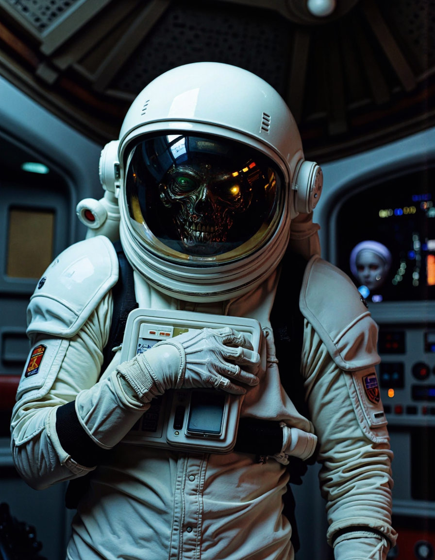 nostromo style man wearing spacesuit styled by Alexander McQueen, space helmet, jumbotron, ceiling decoration, control panels, buttons, switches, lights, science fiction, horror,
extremely detailed, sharp focus, sharp