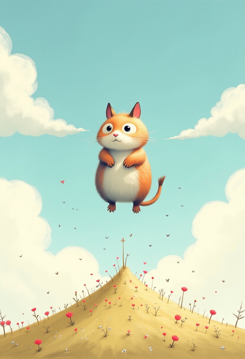 a chinchilla jumps very high, clouds floating around, the ground is far below in the style of Shaun Tan