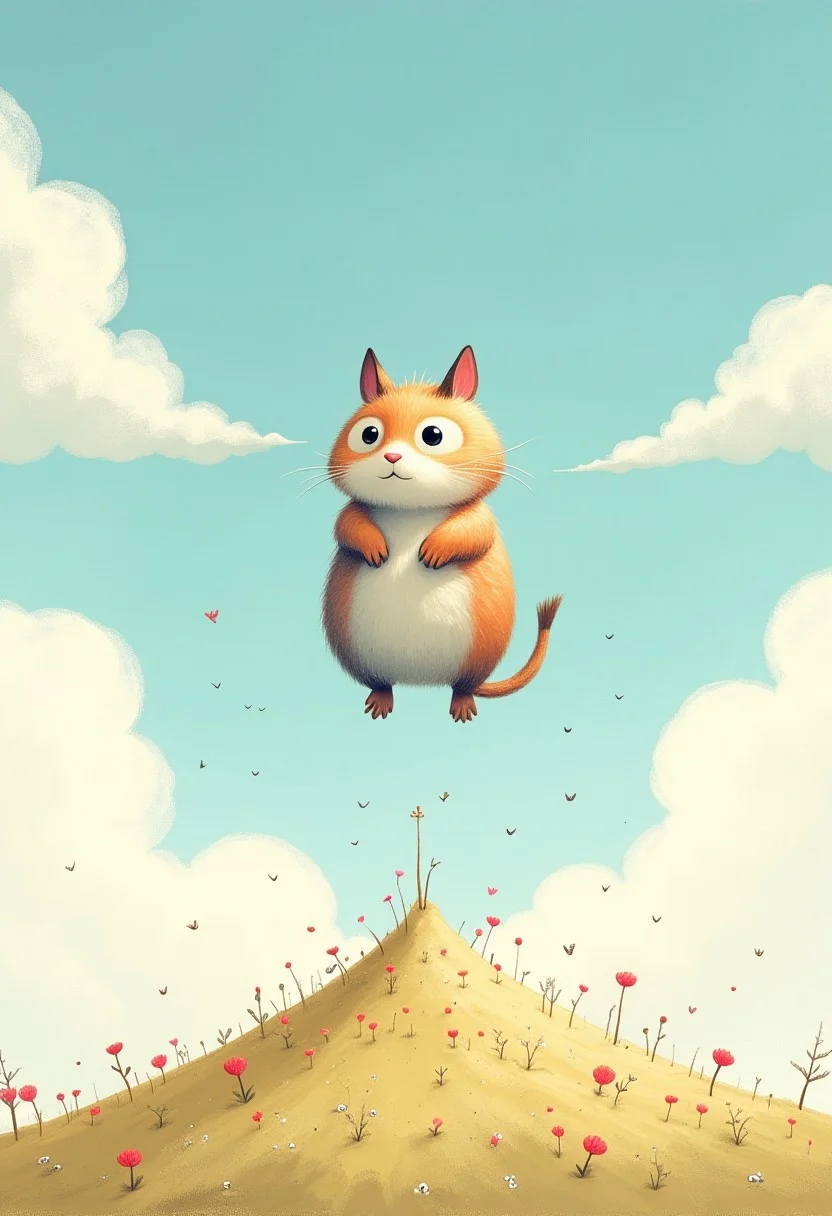 a chinchilla jumps very high, clouds floating around, the ground is far below in the style of Shaun Tan