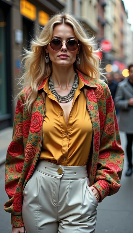 A vibrant and stylish portrait of a fashionable woman walking confidently down a bustling city street. She has long, wavy blonde hair and is wearing round, retro-style sunglasses. Her outfit includes a mustard yellow satin blouse with a deep V-neck, partially unbuttoned to reveal layered, delicate silver necklaces. Over the blouse, she wears an unbuttoned, floral-patterned jacket with rich red and green hues, featuring intricate embroidered roses. Her high-waisted, light gray trousers are tailored and elegant, complementing her chic ensemble. The background should depict an urban setting with blurred, bustling city life, including hints of buildings, pedestrians, and soft, warm lighting that highlights her fashionable attire and confident demeanor. 1980s, fashion shoot, designer clothes, aerobics, punk chic, power dressing, oversized.  <lora:FLUX.1-DEV_-_Wild_1980s_Fashions_LoRA:1>, <lora:realism_lora:0.9>
