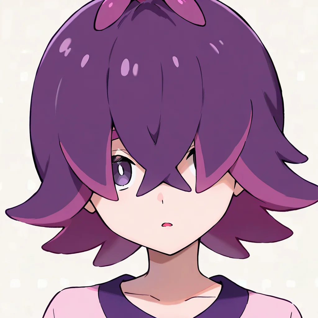 <lora:dotIL>,dot \(pokemon\),multicolored hair,purple hair,two-tone hair,upper body,simple background,looking at viewer,hair over one eye,