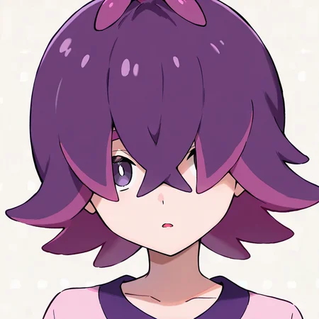 <lora:dotIL>,dot \(pokemon\),multicolored hair,purple hair,two-tone hair,upper body,simple background,looking at viewer,hair over one eye,