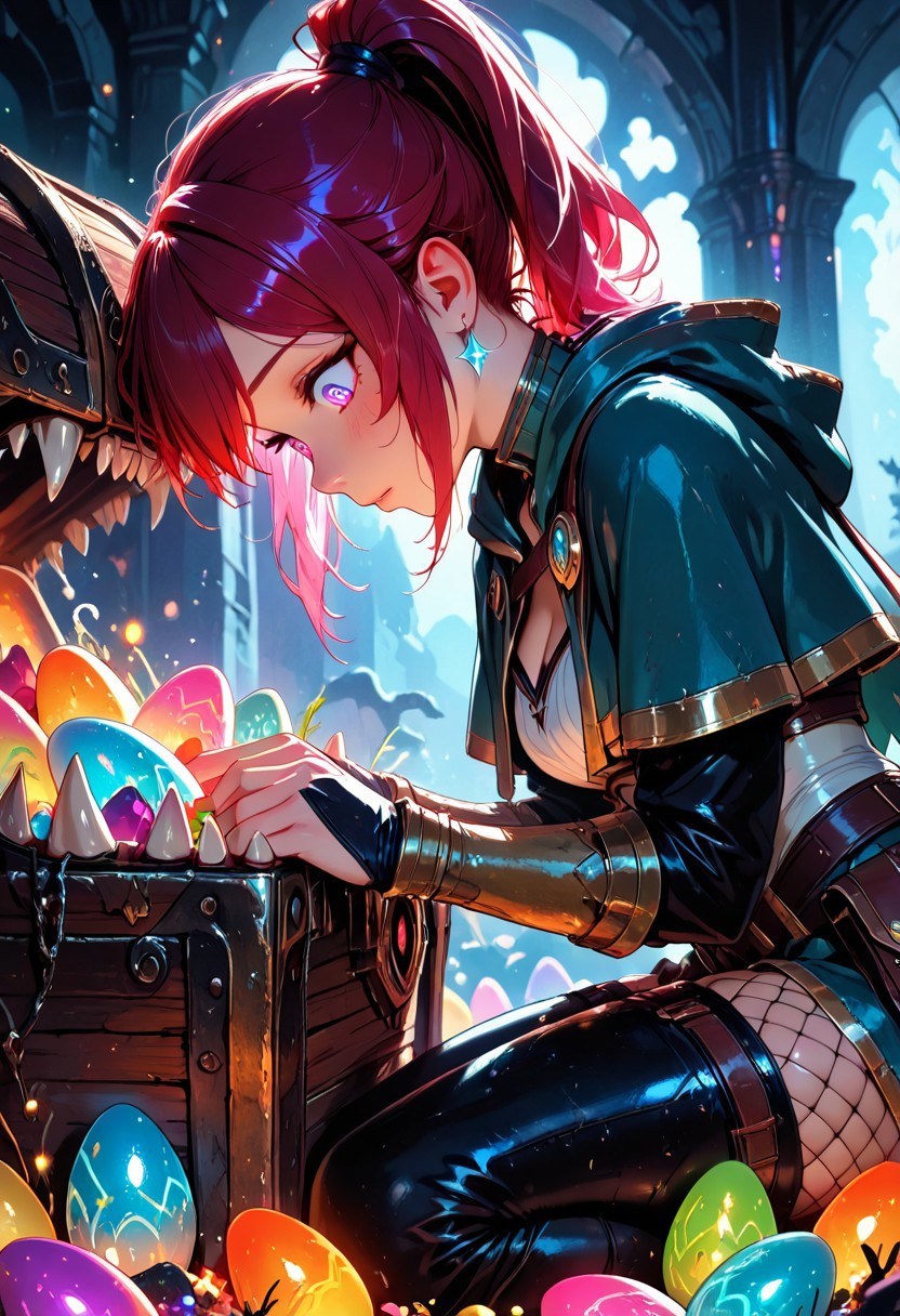 (masterpiece), (best quality), 8k, 1girl, fantasy adventurer girl, mesmerized, oblivious, cute treasure chest, cute Mimic, easter eggs, rainbow spiral eyes, Cute Mimic chest, Kneeling down, opening chest, whimsical dungeon interior, glowing magical torches, scattered loot around, soft warm lighting, stylized fantasy armor, fishnets, leather satchel, short cloak, colorful atmosphere, ponytail hair, playful fantasy mood, cinematic lighting, semi-realistic style, detailed environment, magical sparkles in the air,
Looking down, Looking at chest, Hands on mimic chest, 
Close up,  from the side,