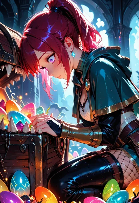 (masterpiece), (best quality), 8k, 1girl, fantasy adventurer girl, mesmerized, oblivious, cute treasure chest, cute Mimic, easter eggs, rainbow spiral eyes, Cute Mimic chest, Kneeling down, opening chest, whimsical dungeon interior, glowing magical torches, scattered loot around, soft warm lighting, stylized fantasy armor, fishnets, leather satchel, short cloak, colorful atmosphere, ponytail hair, playful fantasy mood, cinematic lighting, semi-realistic style, detailed environment, magical sparkles in the air,
Looking down, Looking at chest, Hands on mimic chest,
Close up, from the side,