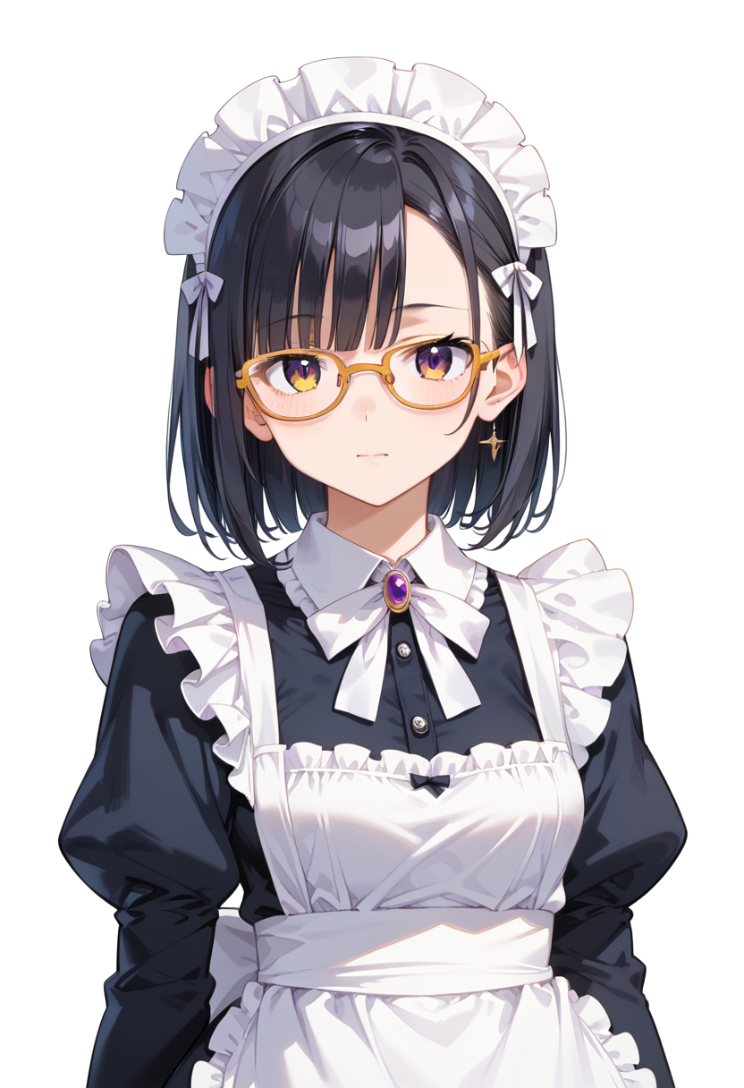 score_9, score_8_up, score_7_up, rating_safe, masterpiece, best quality, absurdres, unity 8k wallpaper, official art, official style, source_anime, uncensored, game cg, megami magazine,
1girl, solo, black hair, medium hair, upper body, covered eyes,maid, maid headdress, black dress, maid apron, face focus,
oval_metal, glasses, still life, white background, simple background, yellow-framed eyewear,
 <lora:glasses_OvalMetal1_PONY_V1:1>