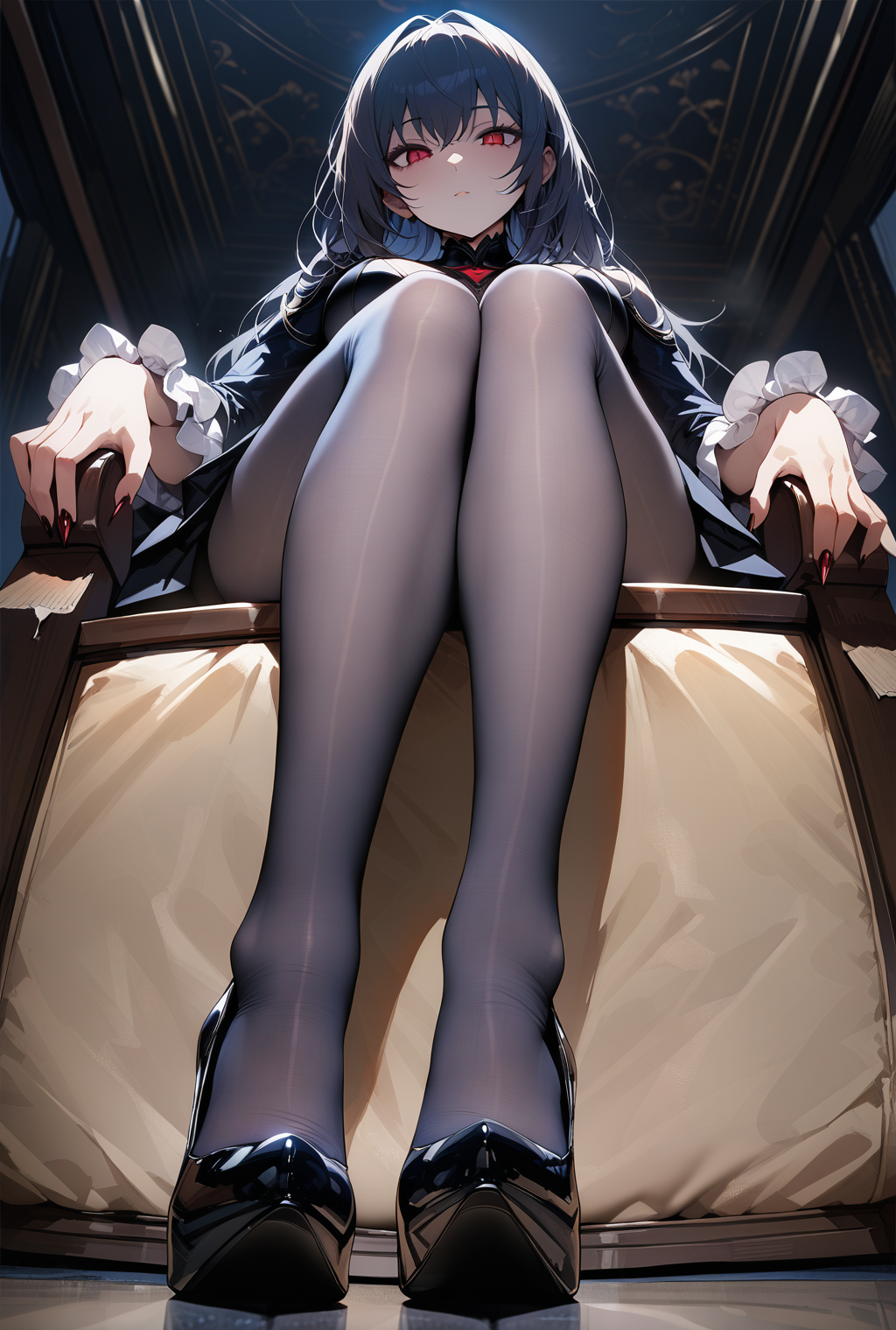 masterpiece,((perfect female body)),looking at viewer,
beautifully detailed background,
ZIP2D,1girl,blue pantyhose,
feet,sitting,full body,from below,<lora:pantyhose-a:0.6>,
pov,expressionless,yandere,dark_persona,high heels,
