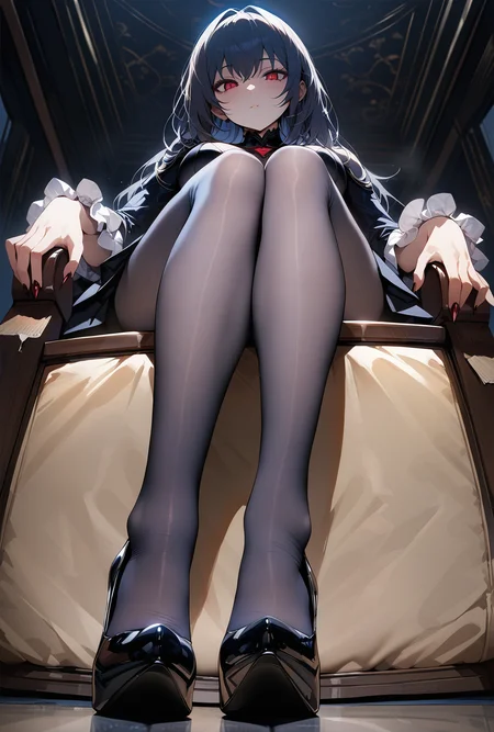 masterpiece,((perfect female body)),looking at viewer,
beautifully detailed background,
ZIP2D,1girl,blue pantyhose,
feet,sitting,full body,from below,<lora:pantyhose-a:0.6>,
pov,expressionless,yandere,dark_persona,high heels,