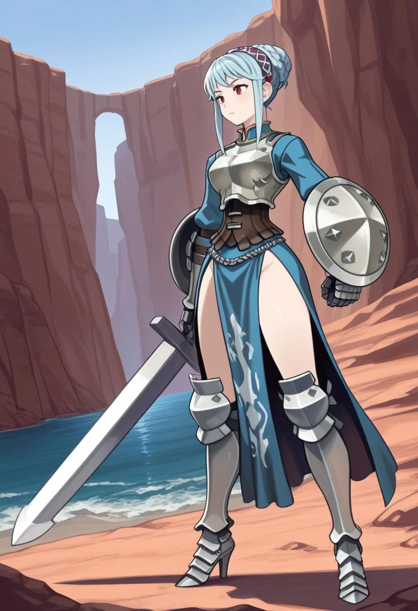 source_vanillaware,
full body,
1girl, solo,
VirginiaIL, Virginia Unicorn Overlord,
red eyes, light blue hair, braided bun, sidelocks,
patterned hairband, blue top, breastplate, silver breastplate, brown corset, dual bucklers, steel bucklers, blue pelvic curtain, thighs, armored boots, steel heels,
stoic, looking left, standing, holding up sword,
sword in front, wide blade,
canyon, ocean,