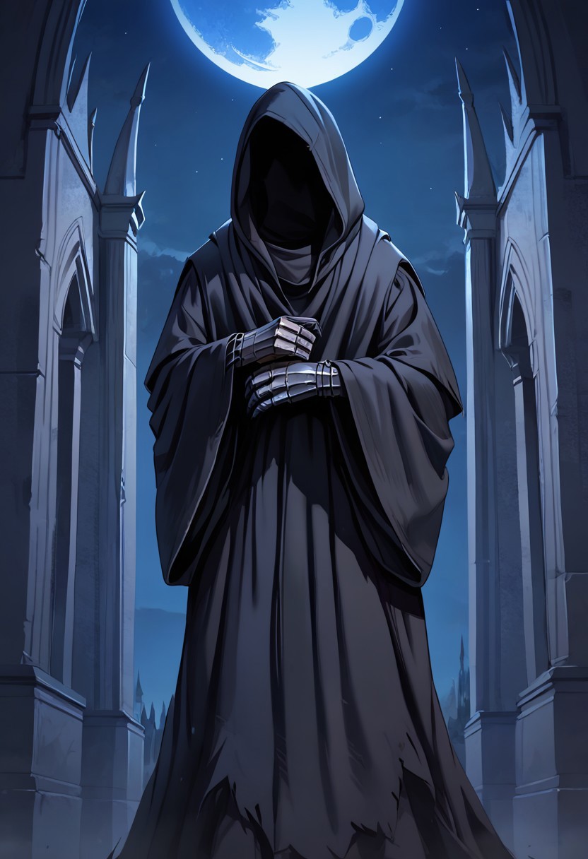 score_9, score_8_up, score_7_up,nazgul,1 male,hood up,faceless,black robe,gauntlet ,at castle, at night , moon light