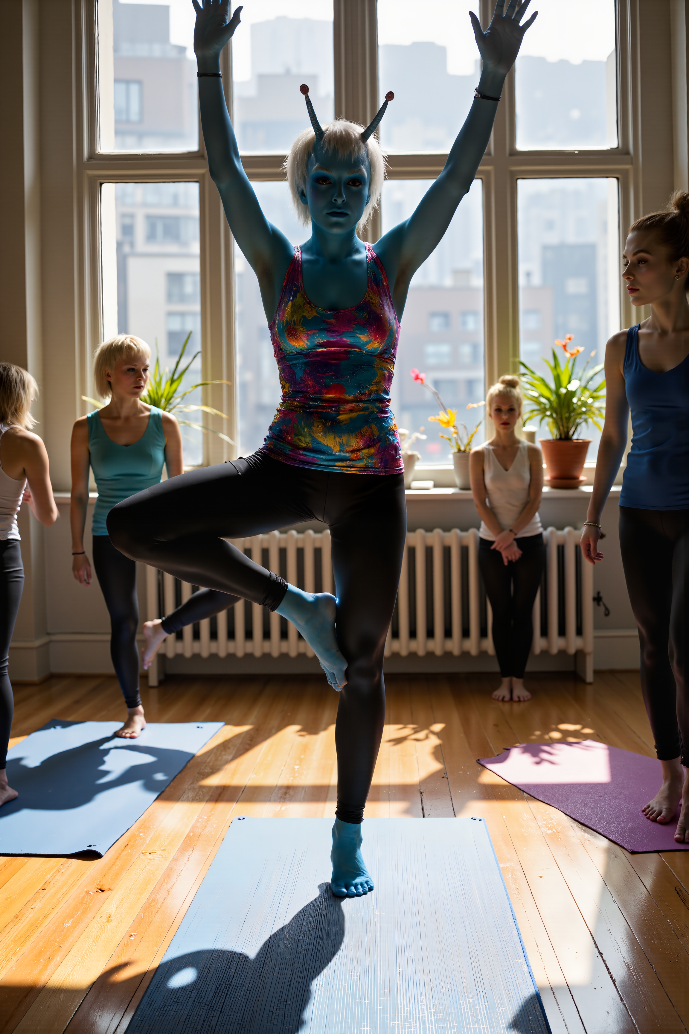 An Andorian woman with cerulean blue skin and short, spiky white hair is in the middle of a yoga class, struggling to keep her balance in tree pose. Sheâs wearing a brightly colored tank top and black yoga pants, with her antennae bobbing wildly as she wobbles on one foot. Around her, other class participants seem perfectly poised, balancing effortlessly on their mats while peaceful music plays softly in the background. The instructor, standing at the front of the room, offers gentle corrections, but keeps glancing at the Andorianâs twitching antennae with a mix of curiosity and amusement. The bright sunlight streaming through the large studio windows bathes the room in a warm glow, casting soft shadows on the wooden floor. Plants line the windowsills, adding a calming atmosphere to the room, though the Andorianâs antennae make her yoga pose anything but serene. A faint scent of incense fills the air, and the soft sound of deep breathing surrounds her. Itâs a moment of lighthearted struggle as the Andorian tries to find balanceâliterallyâwhile adapting to modern human wellness trends.<lora:midjourney_whisper_flux_lora_v01:0.55><lora:aidmaMJ6.1-FLUX-V0.1:0.4><lora:FluxMythP0rtr4itStyle:0.4><lora:detailed_flux_ntc:2.2><lora:aidmaImageUpgrader-FLUX-V0.1:0.65><lora:andorian_FLUX>