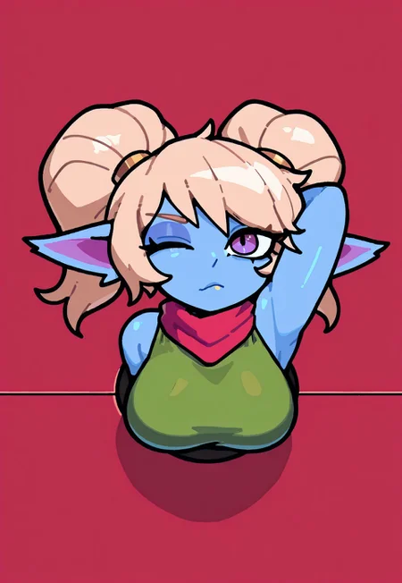 (((masterpiece,best quality,amazing quality,ultra detailed))),perfect hands,detailed,sharp on hands,HDHands,detailed eyes.HDeyes,(vibrant colors:1.2), (soft natural lighting:1.1),sharp focus, smooth skin,beautifully shaded, BREAK
(1girl,solo,adult female,perfect body,hourglass body,curvy,poppy,yordle,lol,shortstack,blue skin,purple eyes,pointed ears,blonde hair,twintails,medium breasts), BREAK
(Red scarf,green snakeskin shirt), BREAK
(arm behind head, arms up,looked at viewer, one eye closed,((through wall)), upper body), BREAK
(Simple background), BREAK
(baggen_cartoon_v4.0,sharp outline)