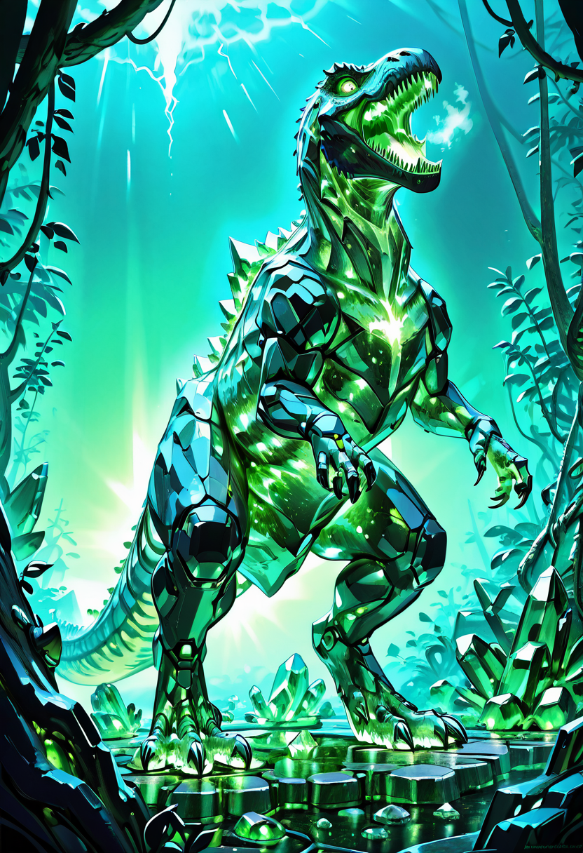 masterpiece, best quality, no humans,   ,<lora:CrystalKingDino_IXL:0.8>,  zzCrystalKing, green crystal body, jagged crystal plates, glowing core, reptilian eyes, dense jungle, glowing moss, thunderstorm, roaring pose, low angle, bioluminescent lighting, primal atmosphere â Amid the heart of a luminous jungle, the zzCrystalKing rears back with a thunderous roar. Its body glitters with fractured emerald crystal, sharp edges catching flashes of lightning from the storm above. Vines hang heavy from obsidian trees, bioluminescent moss glowing beneath its feet. Rain spatters off its glowing core, steam hissing from crystal joints. Every step cracks stone and root, the primal king returning to a world that has long forgotten him.