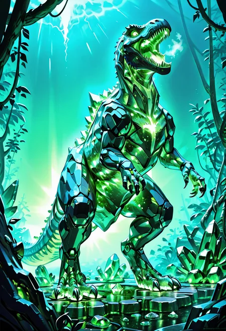 masterpiece, best quality, no humans,   ,<lora:CrystalKingDino_IXL:0.8>,  zzCrystalKing, green crystal body, jagged crystal plates, glowing core, reptilian eyes, dense jungle, glowing moss, thunderstorm, roaring pose, low angle, bioluminescent lighting, primal atmosphere â Amid the heart of a luminous jungle, the zzCrystalKing rears back with a thunderous roar. Its body glitters with fractured emerald crystal, sharp edges catching flashes of lightning from the storm above. Vines hang heavy from obsidian trees, bioluminescent moss glowing beneath its feet. Rain spatters off its glowing core, steam hissing from crystal joints. Every step cracks stone and root, the primal king returning to a world that has long forgotten him.