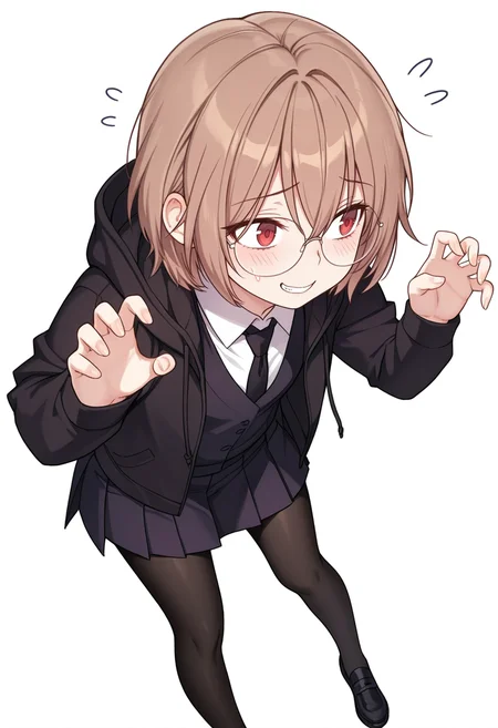 Smooth Quality,masterpiece,very intricate, high quality details, ultra realistic, high detailed skin,detailed enviorement,absurdres,
nervous, nervous smile, claw pose,
 <lora:Young-Joo_CNR:0.8> young_joo_cnr, 1girl, brown hair, short hair, red eyes, glasses, young_juniform_cnr, school uniform, black jacket, white shirt, collared shirt, black necktie,hoodie, pleated skirt,black pantyhose, black footwear,, simple background, white background, from behind,solo,