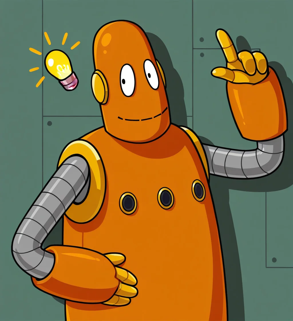 high resolution, best quality, 4k, solo, male, pointing up, lightbulb above head, drop shadow, circuitry background, <lora:Moby_the_robot_-_BrainPOP:1> m0by, robot, orange body, noseless, black eyes, grey arms, orange gauntlets, 4 fingers, yellow hands, smile