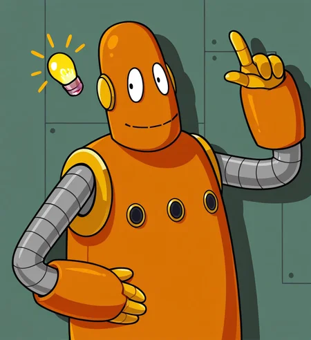 high resolution, best quality, 4k, solo, male, pointing up, lightbulb above head, drop shadow, circuitry background, <lora:Moby_the_robot_-_BrainPOP:1> m0by, robot, orange body, noseless, black eyes, grey arms, orange gauntlets, 4 fingers, yellow hands, smile