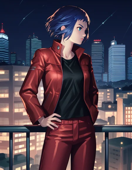score_9,  score_8_up, score_7_up, source_anime
<lora:kusanagi-arise-ponyxl-000060:1> kusamoar, red jacket, black shirt, red pants,
1girl, standing, railing, cityscape, night, hand on hip, wind