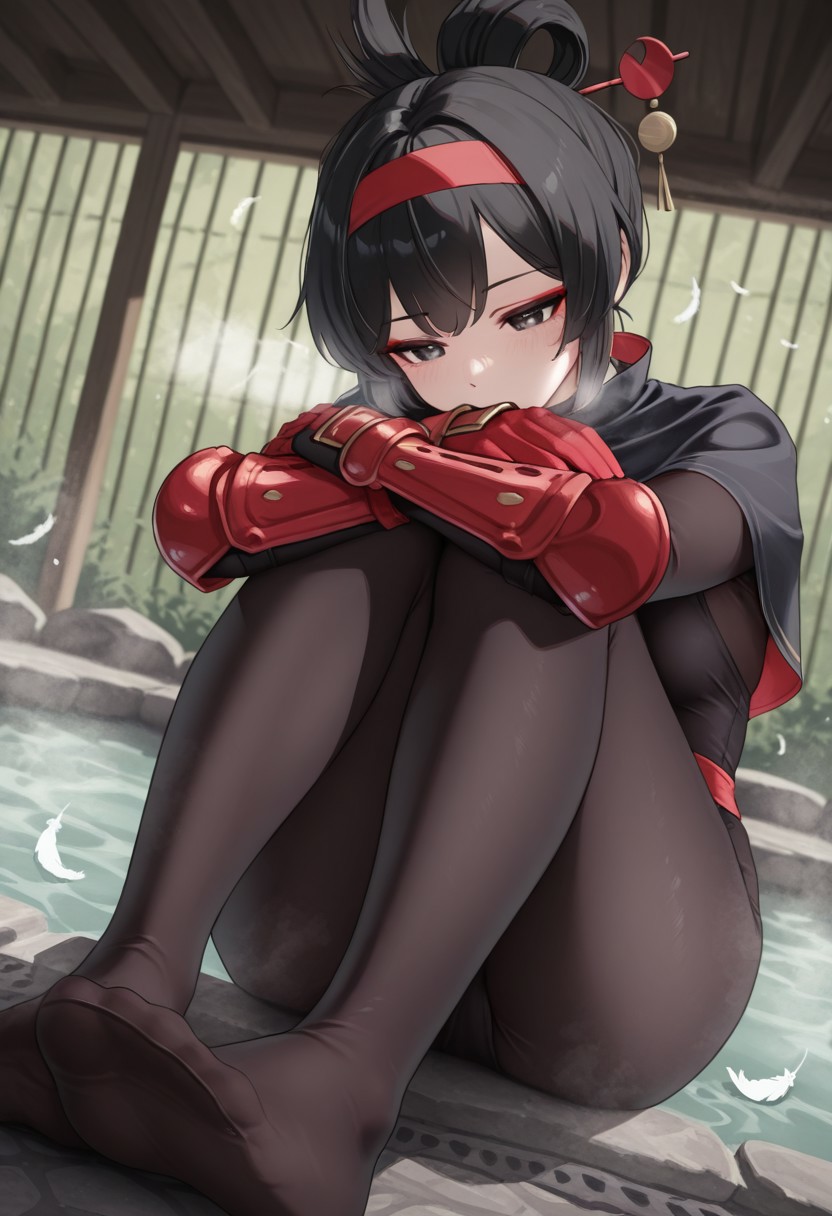 classictonight,  outdoors, undershirt, falling feathers, black bodysuit, hair stick, hugging knees, knees to chest, gauntlets, eyeshadow, red gloves, two sides up, black capelet, red hairband, black eyes, 1girl, solo, feet, visible breath, dynamic angle, foreshortening, smell, steam, onsen, water