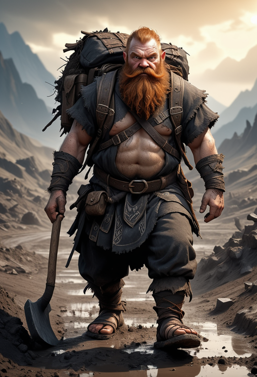 (medium full shot) of (stout mountain dwarf) wearing a charcoal tribal garb, sturdy sandals, Gnarled ginger beard, carrying a heavy backpack, wielding a double-bladed axe, set in  a muddy battlefield, with churned earth, deep trenches, scattered debris , at dawn, ,Masterpiece,best quality, raw photo, realistic, very aesthetic, dark