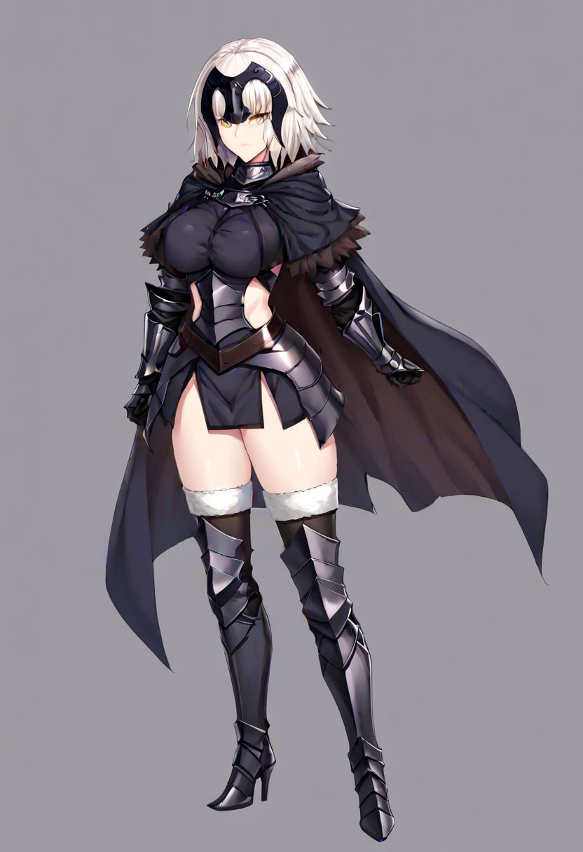 Jeanne_Armored, white hair, short hair, yellow eyes, headpiece, black armor, breastplate, short dress, armored skirt, vambraces, underbust, metal collar, fur-trimmed capelet, cloak, belt, scabbard, thighhighs, armored boots, thighhighs under boots, 
masterpiece, best quality, very aesthetic, absurdres, 1milf, 1adult, solo, full_body, tachi-e,