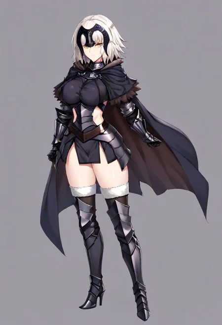 Jeanne_Armored, white hair, short hair, yellow eyes, headpiece, black armor, breastplate, short dress, armored skirt, vambraces, underbust, metal collar, fur-trimmed capelet, cloak, belt, scabbard, thighhighs, armored boots, thighhighs under boots, 
masterpiece, best quality, very aesthetic, absurdres, 1milf, 1adult, solo, full_body, tachi-e,