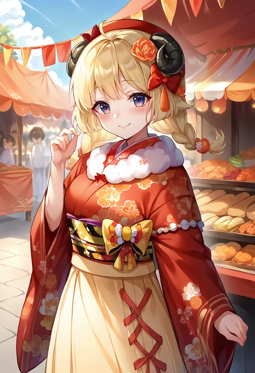 score_9, score_8_up, source_anime, 1girl, solo, WatameNewYears, twin braids, hair flower, red kimono, yellow hakama skirt, bow, floral print, sash, fur scarf, hat, outdoors, festival, food stalls, smile, blush, <lora:ChamTsunomakiWatamePonyXLV2:1>