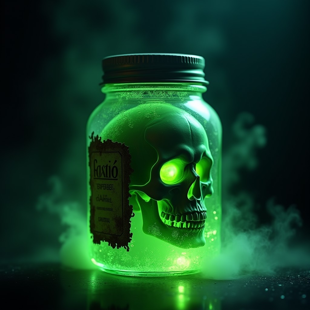 A highly detailed 4K image of a jar filled with vibrant, glowing green poison, bubbling with an eerie, necromantic aura. Inside the jar, a menacing skull is partially submerged, with its eye sockets glowing ominously. The jar is adorned with a weathered label, faintly illuminated by the greenish magic emanating from the liquid. The jar’s surface reflects a dark, shimmering light, while spectral tendrils of energy and swirling mist dance around it. Rendered with photorealistic clarity, the scene combines a sense of danger and mystical allure, showcasing the jar’s unsettling yet captivating presence