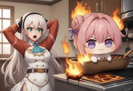 score_9, score_8_up,score_7_up, source_anime,
BREAK burning kitchen, messy, flames, 
BREAK <lora:Doro_X_PDXL_V1:1>, doro, burning, cooking, creature, :3, chibi, pink hair, purple eyes, hair bun, hair bow, no humans, white skin, four legs, solid circle eyes, no pupils,
BREAK <lora:elie-pdxl-nvwls-v1:1>, zeroElie screaming, horrified, arms up, hands behind head, standing, black hairband, hair ribbon, long hair, ascot, uniform, long red sleeves, white dress, pencil skirt, belt, white hair,