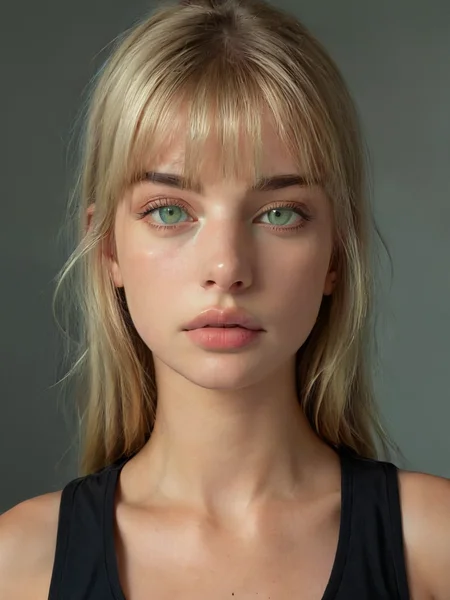 oil portrait of a pretty woman, 4ng3l face, beautiful girl, skinny, tank top, full lips, green eyes, black brows, blonde hair, straight hair, bangs, detailed skin, cinematic, great shading, moody lighting, neutral background, (by Lucian Freud:0.5), style of Jane Newland