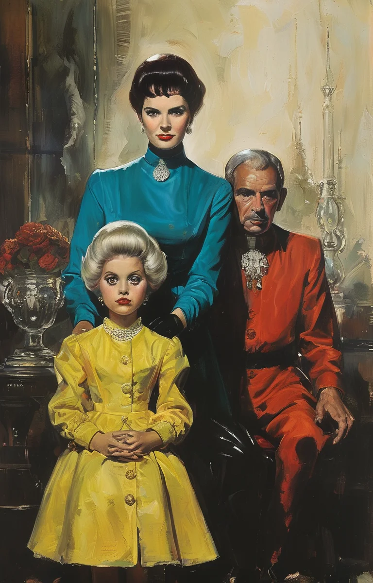 masterpiece,best quality,<lora:tbh281-sdxl:0.9>,illustration,style of Basil Gogos portrait of family