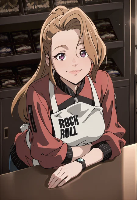 best quality, amazing quality, perfect quality, high quality, masterpiece, absolutely eye-catching BREAK
<lora:Shangri-La_Frontier_-_Mana_Iwamaki:1> ShangriMana, purple eyes, brown hair, long hair, ponytail, asymmetrical bangs, lipstick BREAK
white print apron, striped jacket, red jacket, black stripes, sleeves rolled up, wristwatch BREAK
indoors, shop, counter, leaning on counter, light particles, arm rest, leaning forward, looking at viewer, smile, dutch angle, cowboy shot, facing viewer