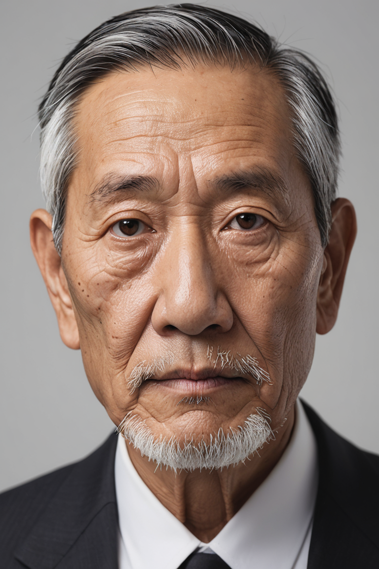 Realistic,Chinese old man portrait,upper body,short black hair,black eyes,indoors,white background,wearing a black suit,cool white lighting,looking at viewer,pale white beard,weathered facial wrinkles