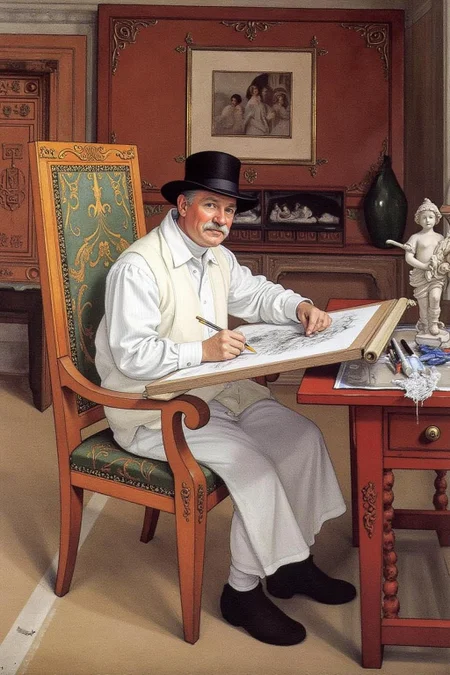 car1ar painting.
A middle-aged man sitting in an ornate, high-backed wooden armchair with a cushioned seat. He is dressed in a white, long-sleeved shirt and white trousers, and wears a black top hat, giving him a distinguished, scholarly appearance. The man is drawing on a canvas. He is turning his head to look at the viewer. There is a statue on the table. <lora:car1ar1_cap_d6a3:1.0><lora:825497361728944734:0>