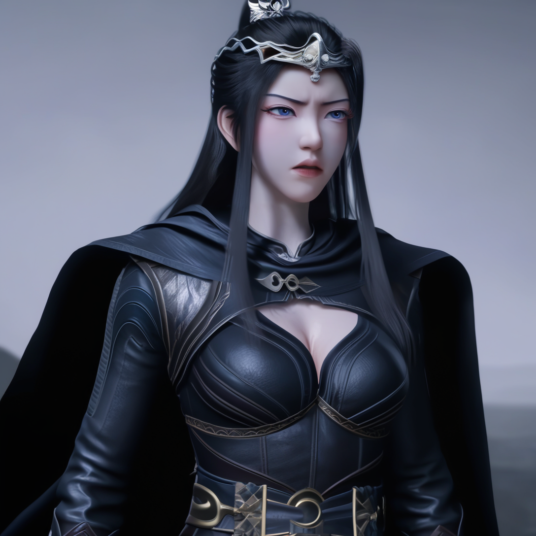 yuanyao,3d,<lora:ponyyuanyao2-000007:1>,headpiece,Tsundere,long black cape,