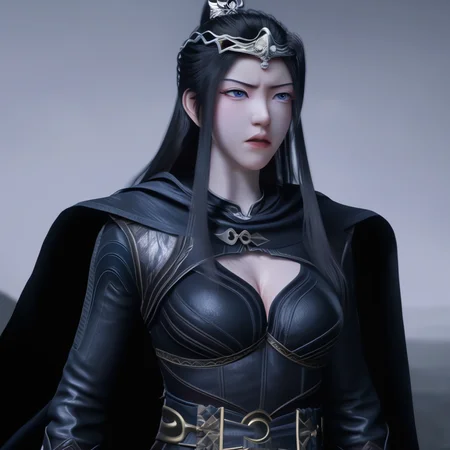 yuanyao,3d,<lora:ponyyuanyao2-000007:1>,headpiece,Tsundere,long black cape,