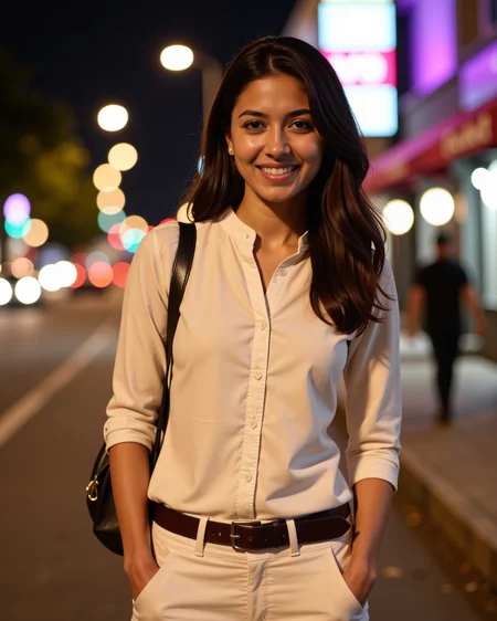 nightime photo of a well dressed desiespresso lady, wearing a light colored Jeans_with_kurta, happy and smiling, solo focus, bright and colorful atmosphere of city light in background bokeh<lora:TestBed\DesiCoffee_Trial_Flux_LoRA_V1.safetensors:2.0:2.0>