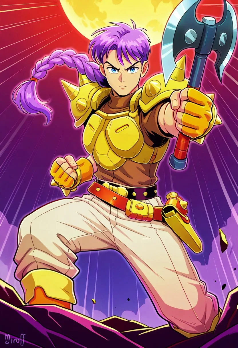 masterpiece, best quality, amazing quality, very aesthetic, absurdres, newest, myroffl3, 1boy, male focus, purple hair, long braided pony tail, spiked pauldrons, yellow armor, brown shirt, yellow fingerless gloves, belt with holster, belt with pouches, beige pants, boots, ((action pose)), close up, looking at viewer, holding axe, holding battle axe