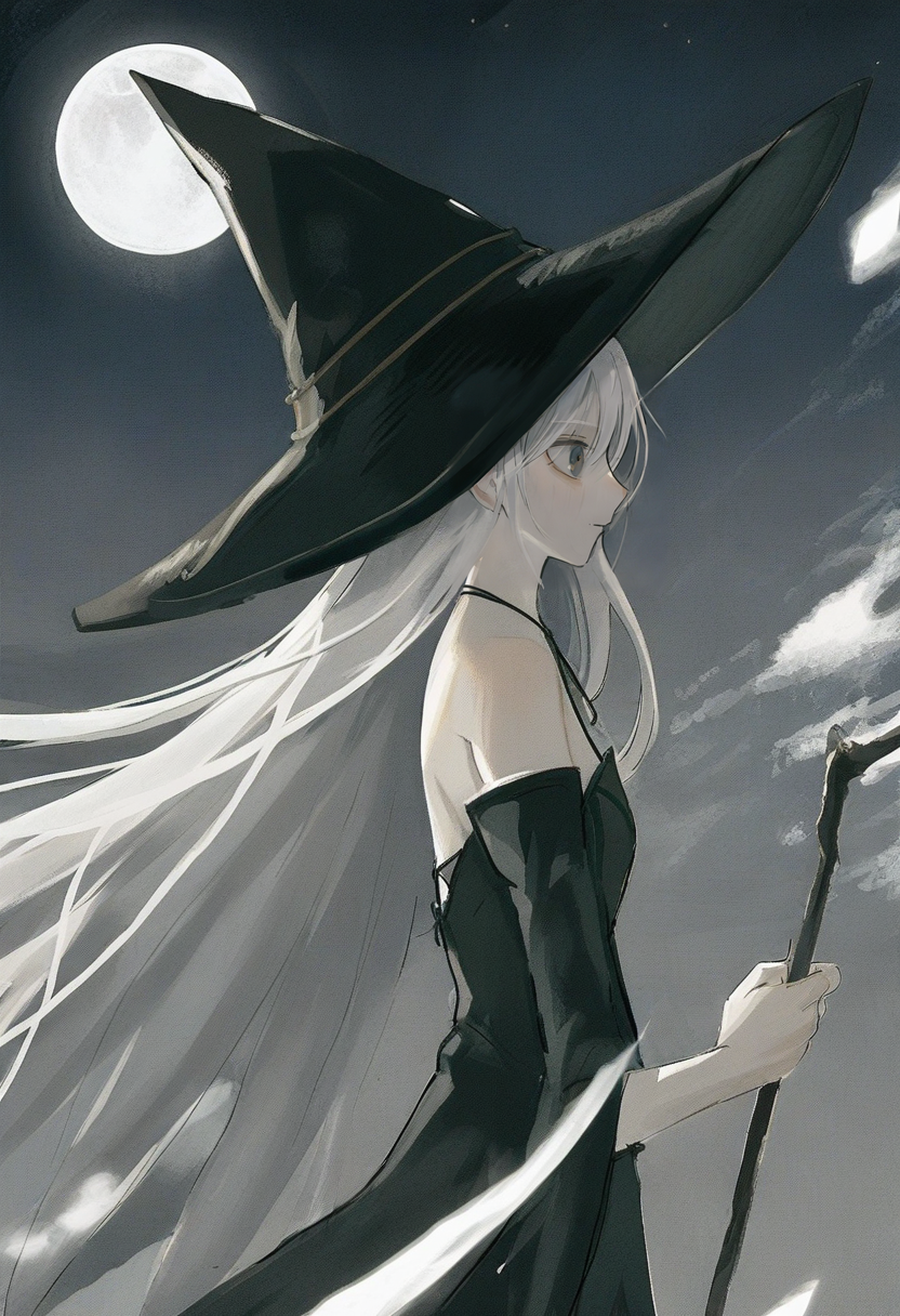 1girl, hat, solo, witch hat, long hair, closed mouth, black headwear, upper body, sky, grey hair, witch, moon, from side, bare shoulders, holding, white hair <lora:shiunXL_NB11_lokr_V6311P:0.95>