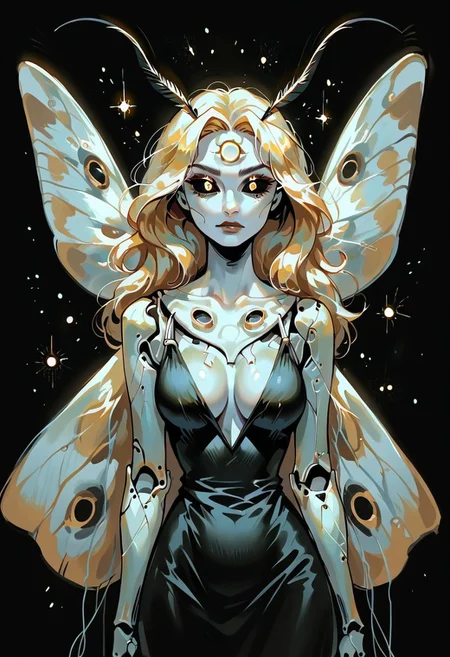 score_9, score_8_up, score_7_up, score_6_up, score_5_up, wat, RBE, highres, masterpiece, 1girl, solo, black background, golden eyes, white skin, looking at viewer, g0ldl34f, abstract, curvy, busty, starry sky, long hair, black dress, 1r1d3sc3nc3, moth, monster girl, wings, arthropod girl, extra eyes, black sclera, antennae, wires, cybernetics, metallic arms