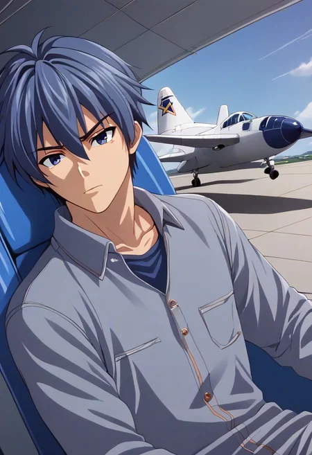 high resolution, solo, best quality, 1Boy, Tomoya Okazaki, Grey Blue Hair, dystopia, Plane Crash, OverallDetail