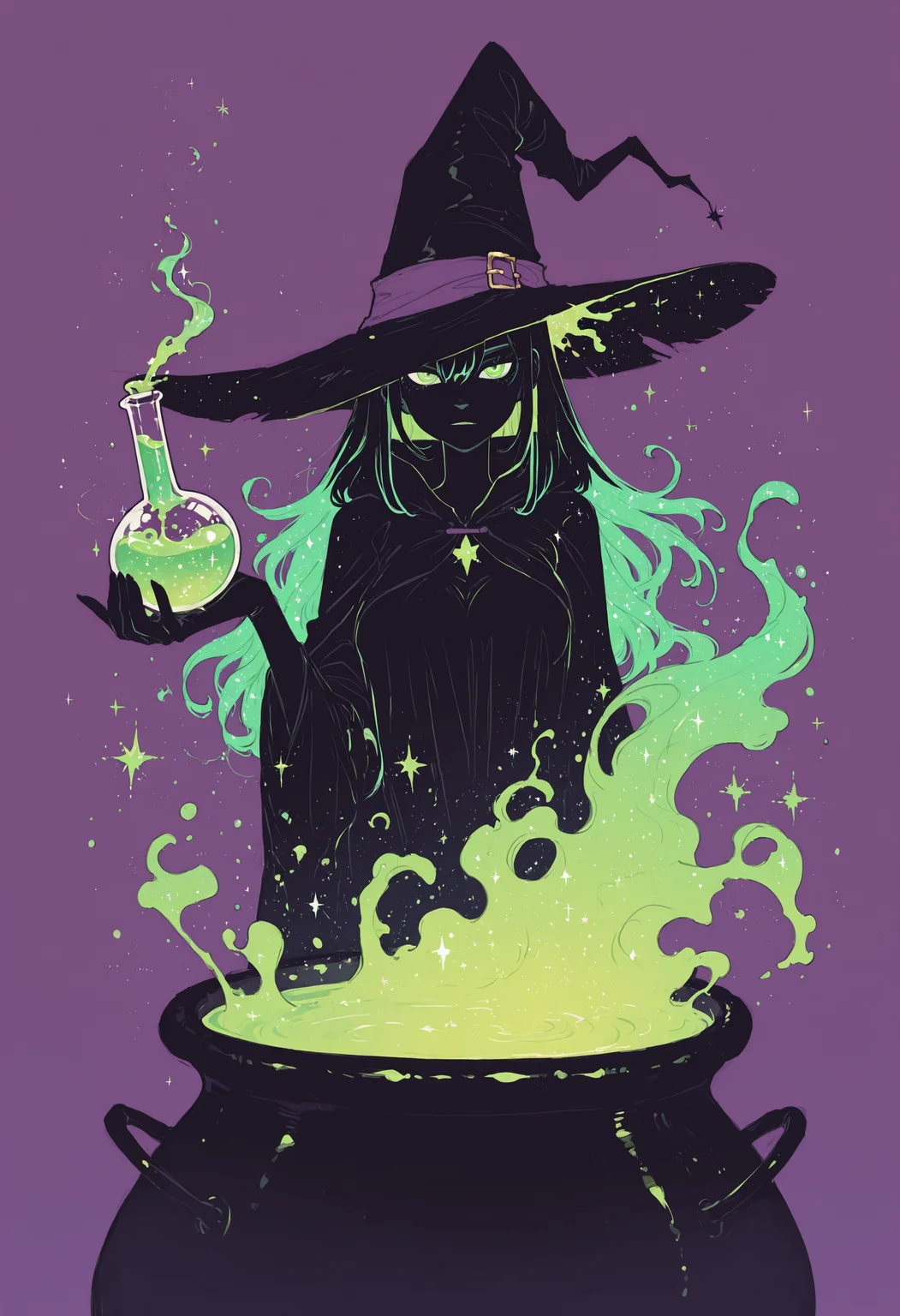 score_9, score_8_up, score_7_up, masterpiece, best quality, very aesthetic, detailed face, (dynamic:1.2), stylized, illustration, 1woman, dynamic pose, small nose, highres, absurdres,<lora:ck-shadow-circuit-IL:0.3> in the style of cksc, <lora:Rapscallion_Illustrious:0.25>, Rapscallionstyle, <lora:incoth:0.25>, incoth, (incase:0.6), <lora:r17329_illu:0.3>, r17329_illu, <lora:mon_monmon2133:0.2>âââ, 1girl, witch, modern witch, witches' cauldron, holographic liquid, holofoil glitter sparkles, faint, glowing, ethereal, neon hair, glowing hair, long hair, green eyes, brewing potion, looking at viewer, <lora:flatline_v2_-_Illus_x_Niji:0.6> Flatline, Flat vector illustration