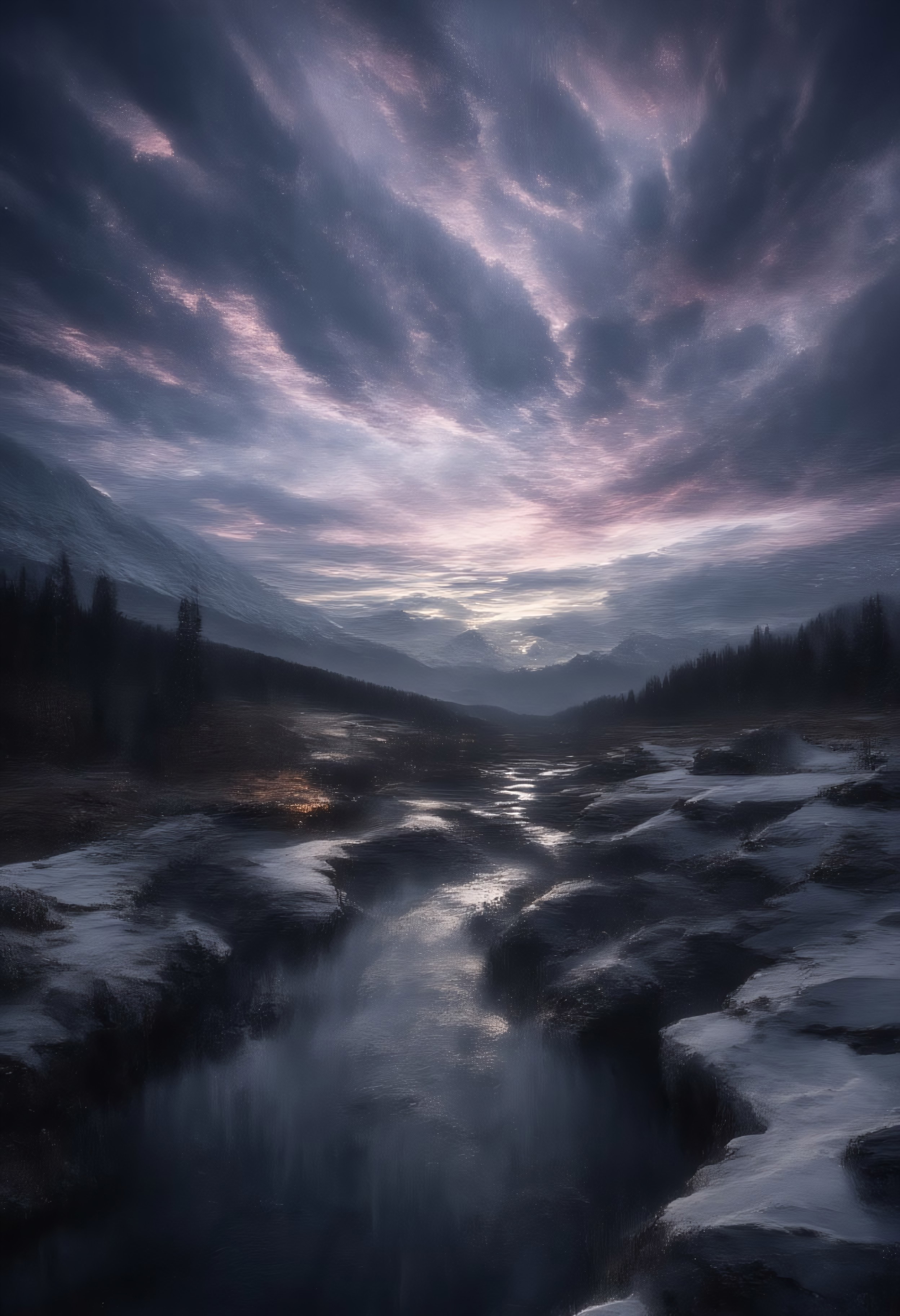 A sweeping, peaceful landscape of a view down a half-frozen river, crossed by a narrow wooden bridge before emptying into a lake. There is snow on the ground, a cabin just past the bridge, on the lake's edge. On the other side of the lake are snow covered mountains. The tumultuous dark blue sky above gives way to a pink horizon of sunrise.