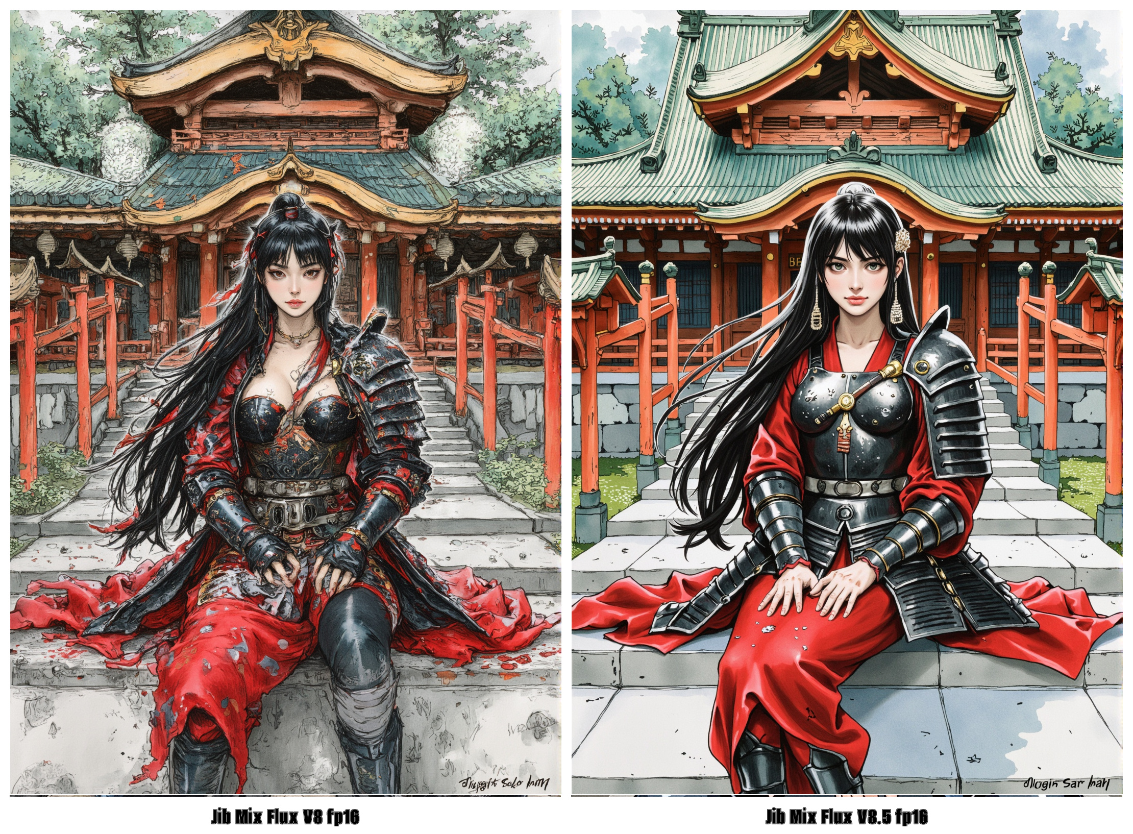 A stunning colored sketch in ink splats style, featuring a Japanese female warrior with long, flowing hair adorned with bangs and sidelocks, complemented by a delicate hair ornament. She sits gracefully in front of an intricately detailed Shinto shrine, her black and red plated armor gleaming with vibrant ink splats that add a dynamic flair to the scene. The warrior exudes strength and elegance, her posture relaxed yet poised, while the background showcases the serene beauty of the shrine, complete with traditional architectural elements and lush greenery. The atmosphere is enriched by a soft, ethereal glow, highlighting the contrast between the vibrant ink colors and the tranquil setting, creating a captivating and immersive visual narrative.