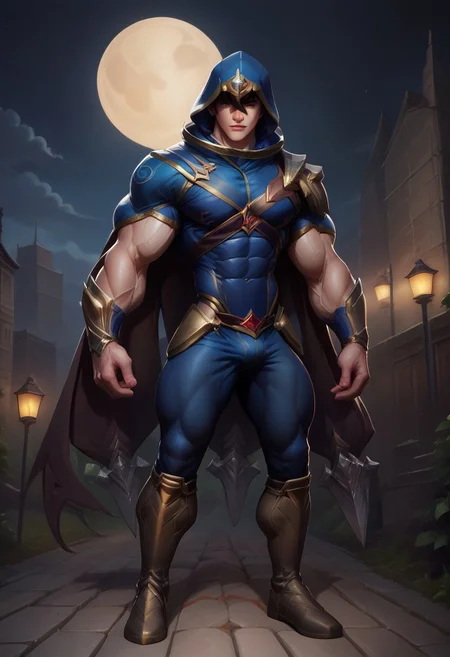 Gay, score_9,score_8_up,score_7_up, yaoi, 1boy, solo, male focus, ClassicTalon, male focus, brown hair, brown eyes, light skin, hood, hood up, hair between eyes, handsome boy, narrow features, armor, cape, pants, knee boots, arm blade, perfect eyes, thick eyebrows, small waist, narrow features, sharp nose, Muscles definition, hyper defined muscles, veiny, veins, veiny muscles, (hyper muscle:1.1), abs, male focus, hyper bulge, parkour, parkour pose, outside, night time, night, dark sky, moon,