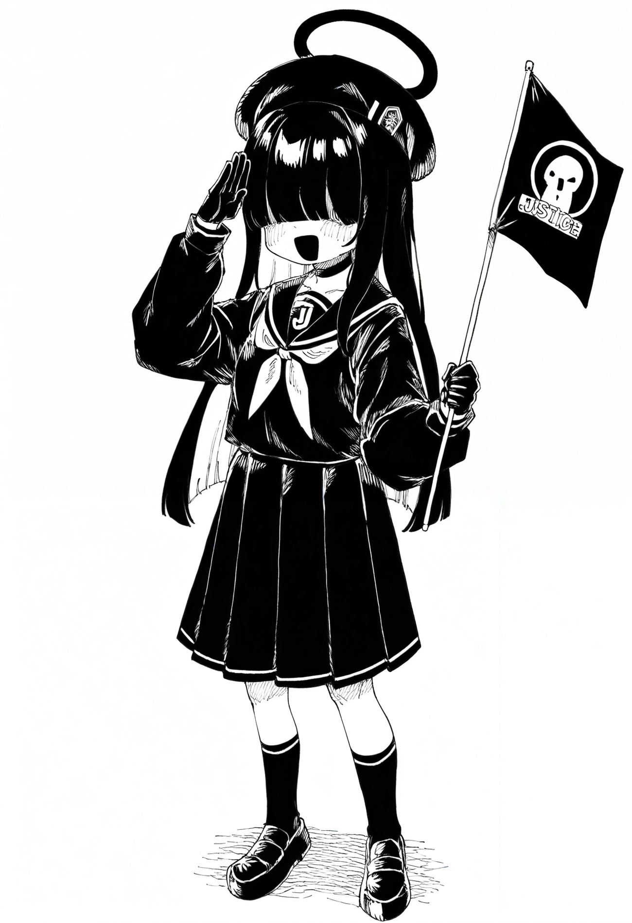 1girl, solo, justice task force member \(blue archive\), hair over eyes, 
salute, holding flag, 
masterpiece, best quality, amazing quality, absurdres, newest, greyscale, ink \(medium\), hatching \(texture\), 
 <lora:HB_091:0.8>