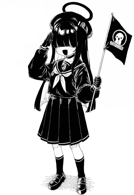 1girl, solo, justice task force member \(blue archive\), hair over eyes,
salute, holding flag,
masterpiece, best quality, amazing quality, absurdres, newest, greyscale, ink \(medium\), hatching \(texture\),
<lora:HB_091:0.8>