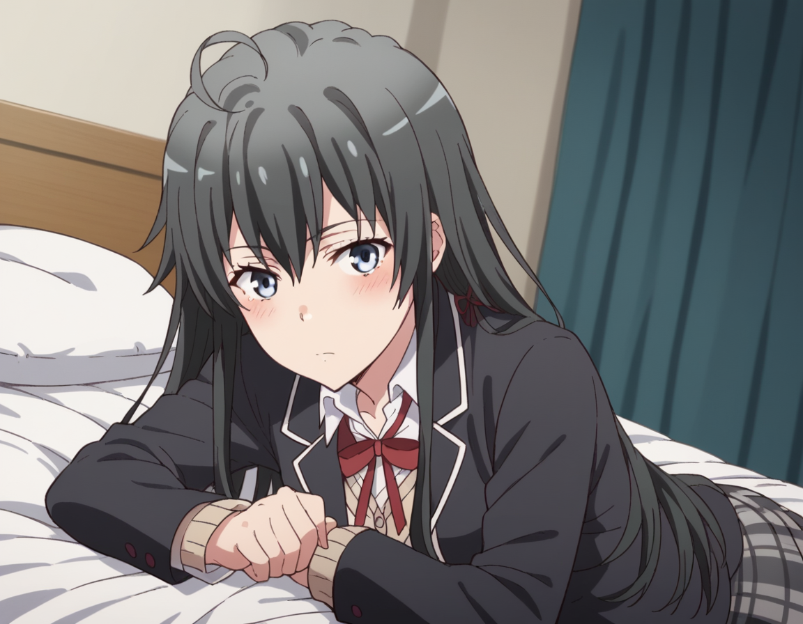 score_9, score_8_up, score_7_up, source_anime,
yukinoyukinoshita, <lora:yukino-yukinoshita-s2s3-ponyxl-lora-nochekaiser:1>,
yukino yukinoshita, black hair, blue eyes, long hair, ahoge,
blazer, cardigan, jacket, plaid, plaid skirt, school uniform, skirt, sobu high school uniform,
indoors, bed, bed room, on side, blush, drunk,
looking at viewer, cowboy shot, dutch angle, solo,