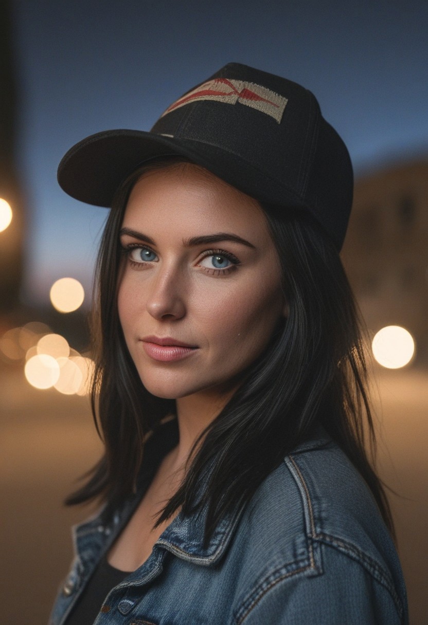 30yo woman holding an American flag.
Blue eyes. perfecteyes 
Wearing Denim jacket trucker hat. 
Long dark black slick back hair. No makeup. Dusk, Street light. Looking at camera POV. Slight smile, tilting head.. Tilt head.
Medium Close Up shot. Bokeh. Bokeh light.