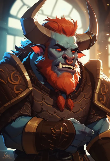 score_9, score_8_up, score_8, score_7_up, score_7, score_6_up, score_6, score_5_up, spiritbreakerpdxl, minotaur, beard, nose ring, red eyes, no pupils, shoulder armor, armor, vambraces, vox machine style, 1boy, male focus, solo, close up portrait, fantasy, tavern background, (dynamic lighting:1.1)
((masterpiece))